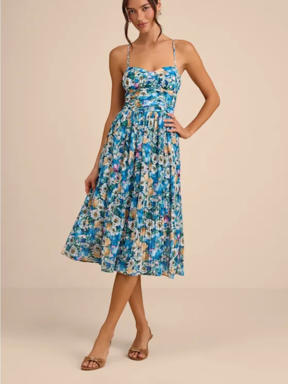 Lulu's Blue Floral Midi Dress with Spaghetti Straps